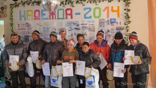 Awards ceremony for the kids race from Uelen to Inchoun (30km). They impressed us with their speed and were only minutes behind our overall fastest time for the day.